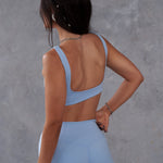 back of mini shorts, high waist, soft breathable fabric. powder blue bike shorts